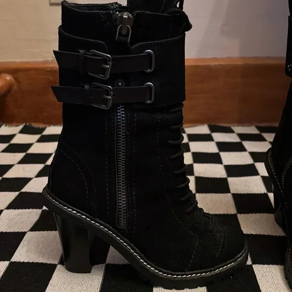 True Religion Shoes - True religion black suede boots. Size 6.5. Zippers, buckles laces. Punk rock